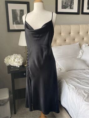 Zara Black Satin Cowl Midi Slip Dress